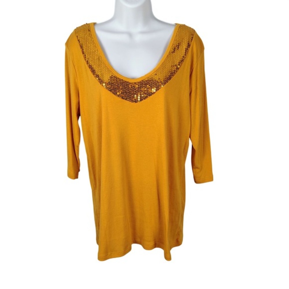 Mustard Yellow Sequin Scoop Neck 3/4 Sleeve‎ Top sparkle holiday chic